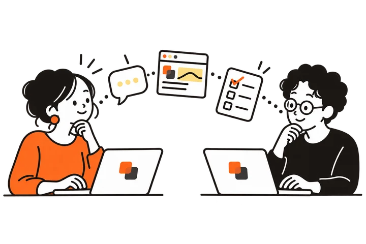 起業者とデザイナーが事業の情報、サイト案、確認事項をやり取りする説明イラスト