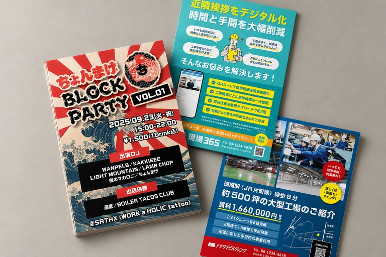 イベント告知、工事案内、物件紹介のチラシデザイン