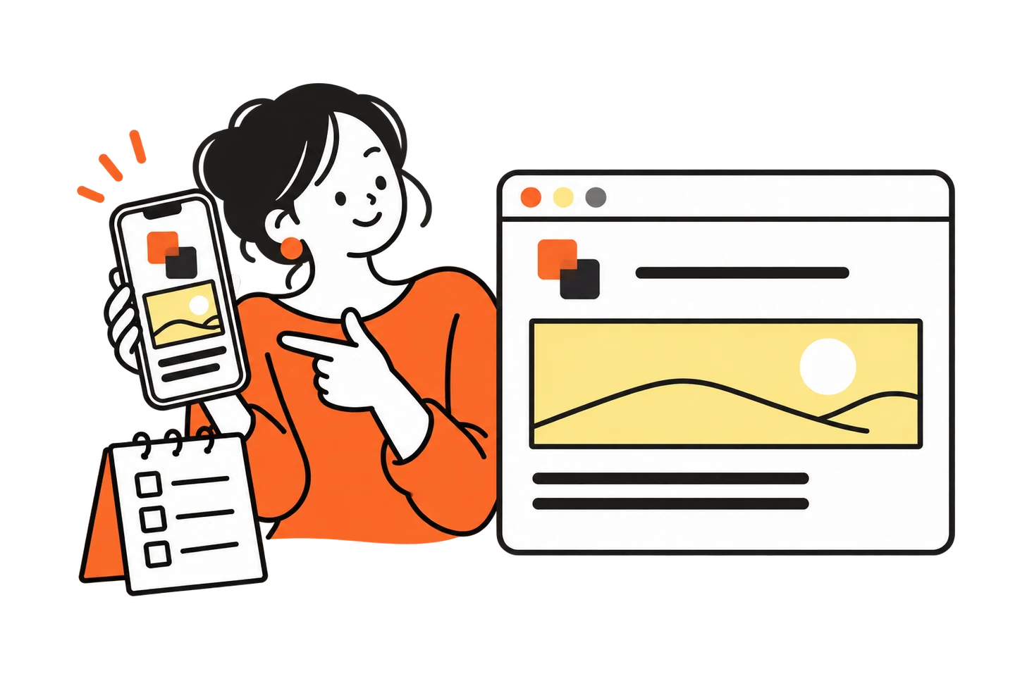 起業者がスマートフォンとパソコンのホームページ案を見比べ、内容を確認する説明イラスト